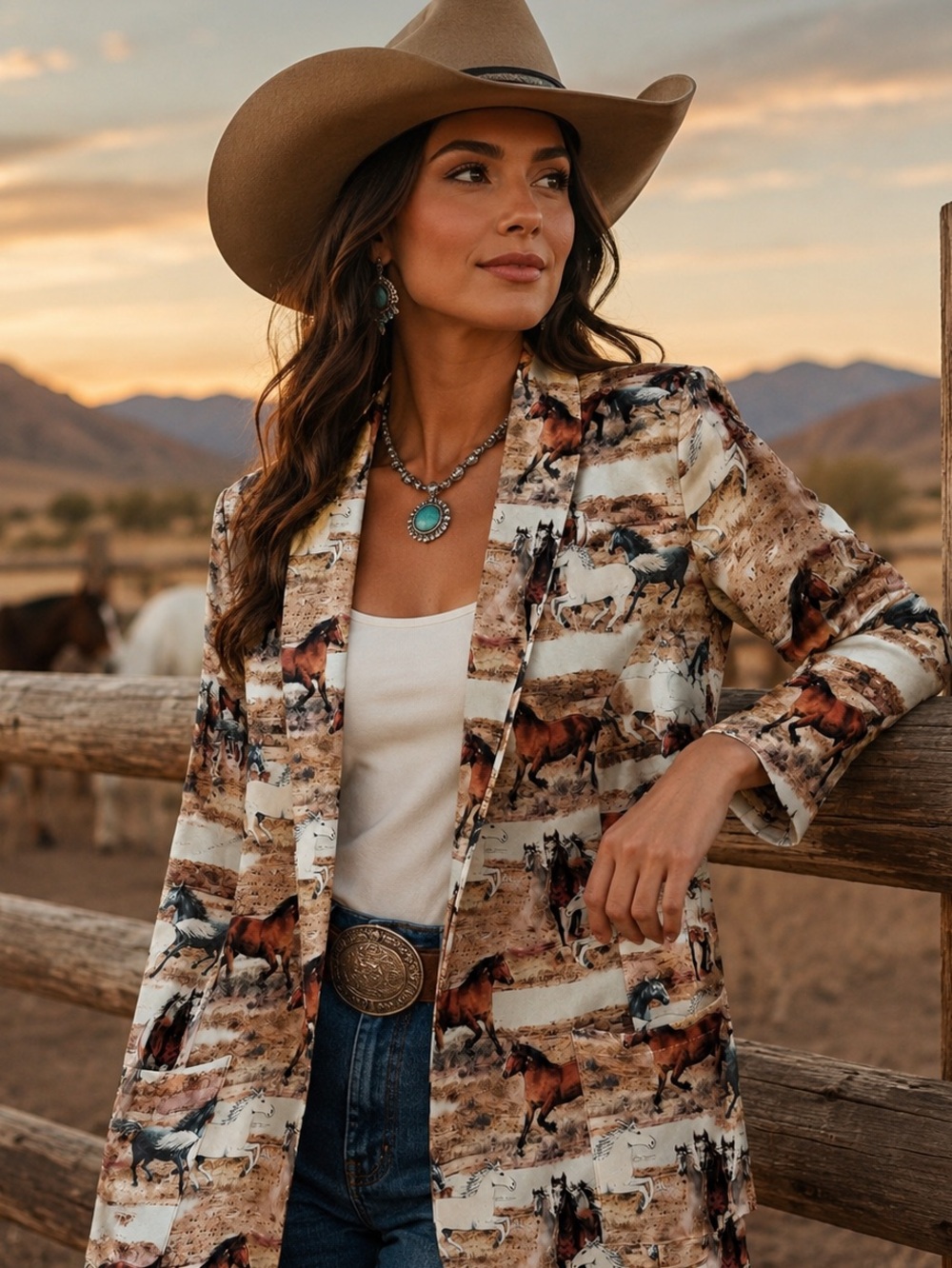Avery Horse Print Blazer Jacket - Western Vibes